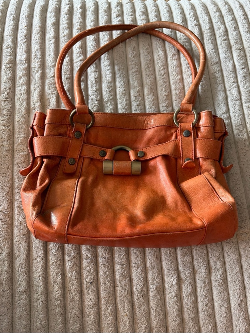 VTG Avorio Brown Medium Satchel Top Handle Zip Gold Hardware Lined Pockets Italy